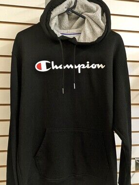 Champion Fleece Lined Black Hoodie. Front Logo. Size Large